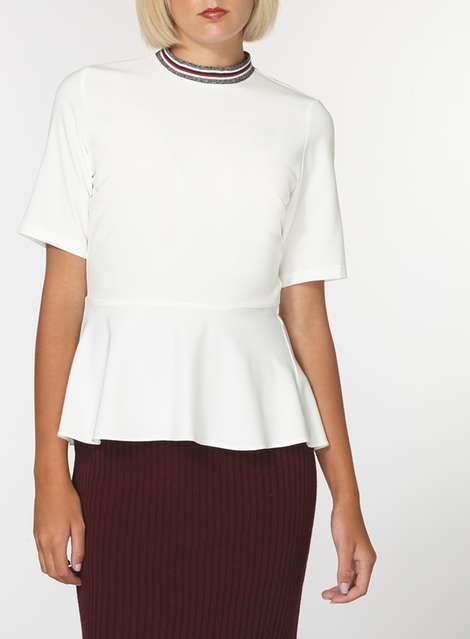 White Peplum Ribbed Neck Top